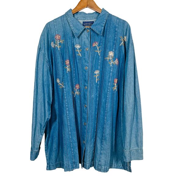 Vintage  Willow Ridge Chambray EMbroidered Top Long Sleeve Oversized - 2X - Picture 1 of 5